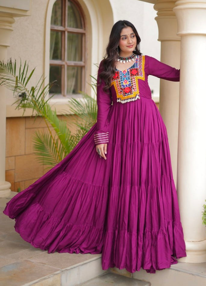 Purple Pure Reyon Kutchi Gamthi Thread Embroidered & Mirror Work Anarkali Long Gown