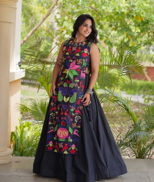 Black Pure Cotton With Gamthi Thread Embroidered Work Lehenga Choli