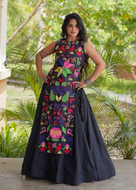 Black Pure Cotton With Gamthi Thread Embroidered Work Lehenga Choli