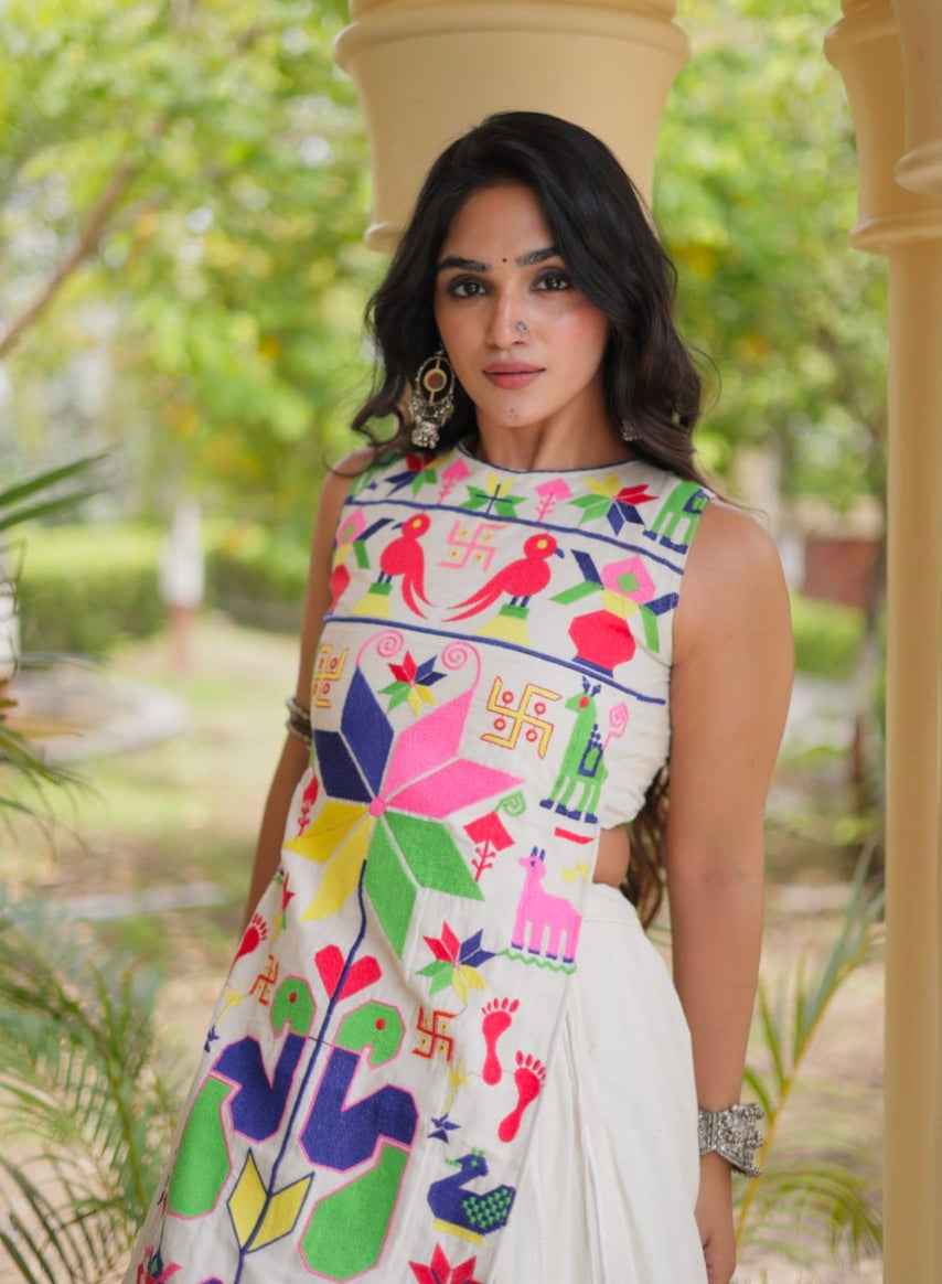 White Pure Cotton With Gamthi Thread Embroidered Work Lehenga Choli