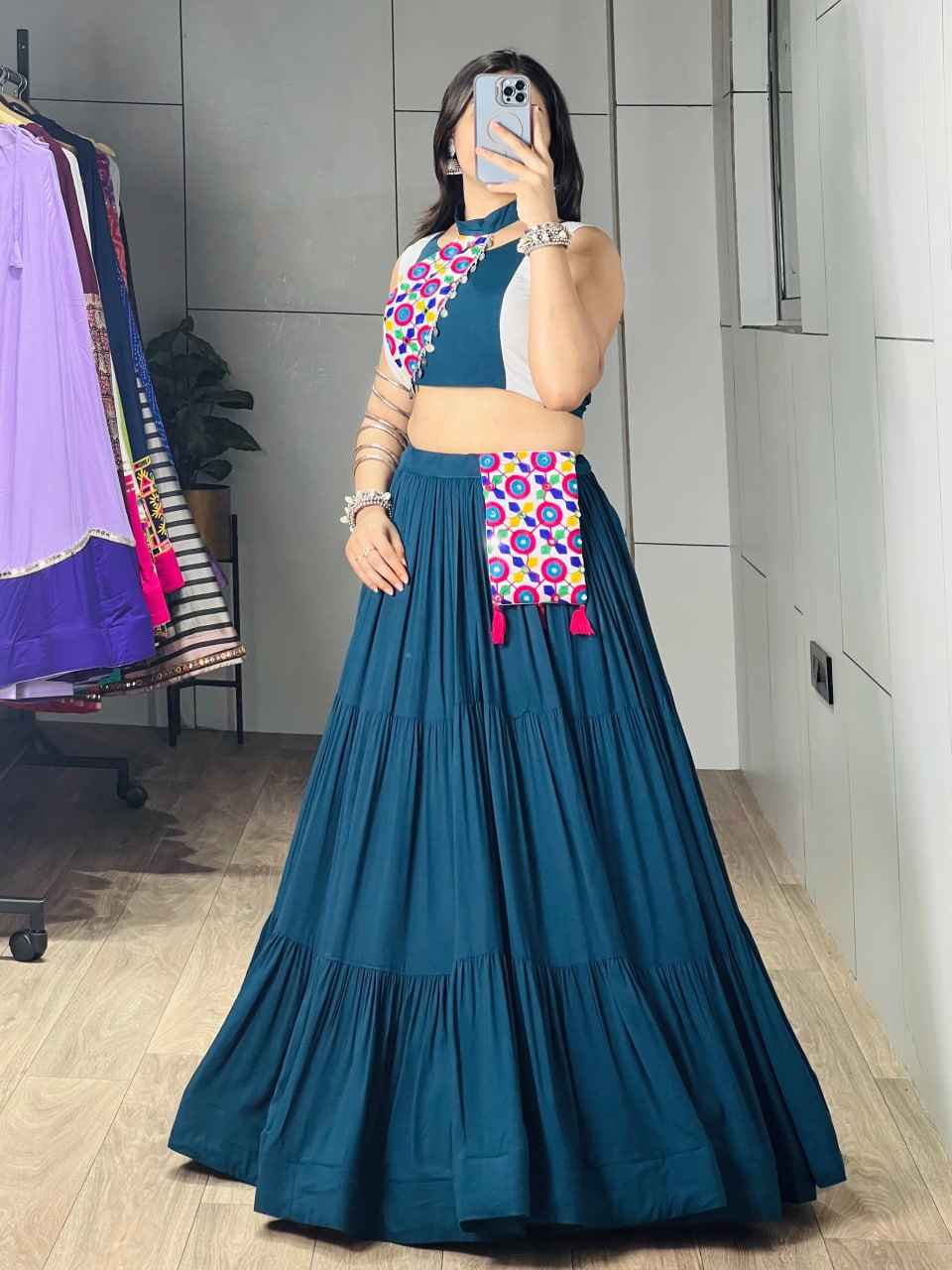 Teal Blue Pure Pure Rayon Cotton Navratri Lehenga Choli