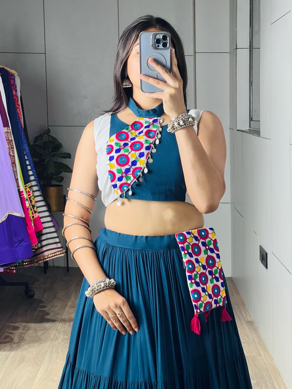 Teal Blue Pure Pure Rayon Cotton Navratri Lehenga Choli