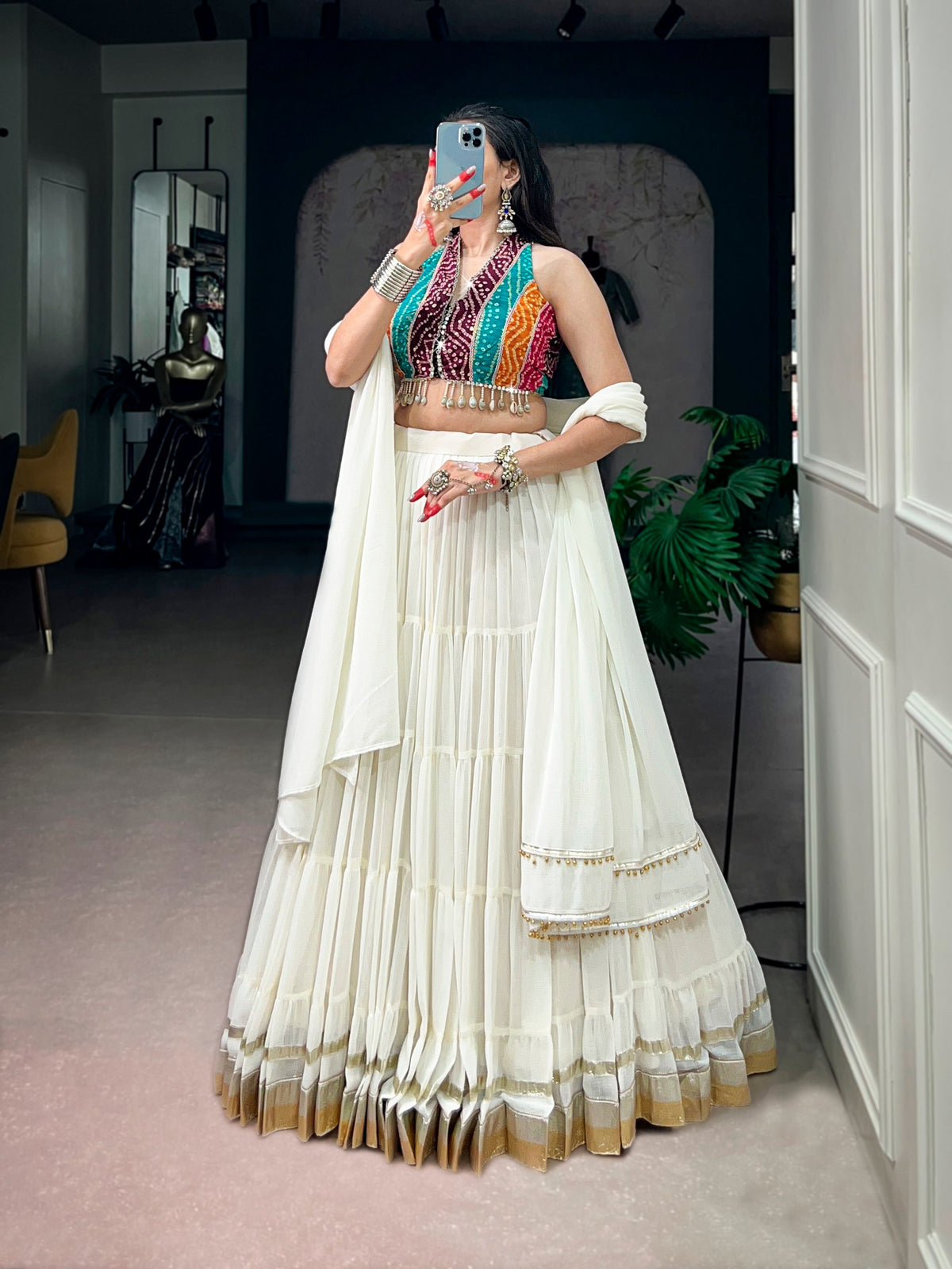 White Pure Silk 12 Mtr Flair Heavy Thread Embroidery Sequins Work Navratri Lehenga Choli
