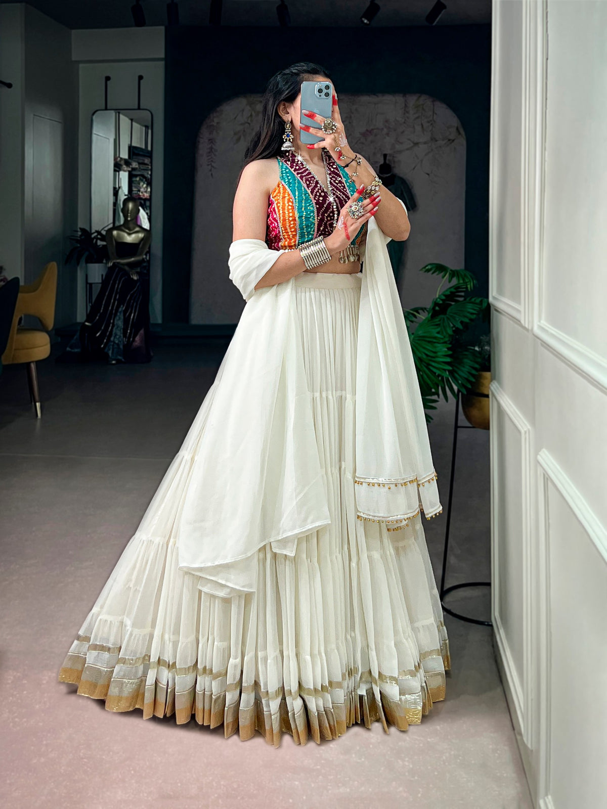 White Pure Silk 12 Mtr Flair Heavy Thread Embroidery Sequins Work Navratri Lehenga Choli