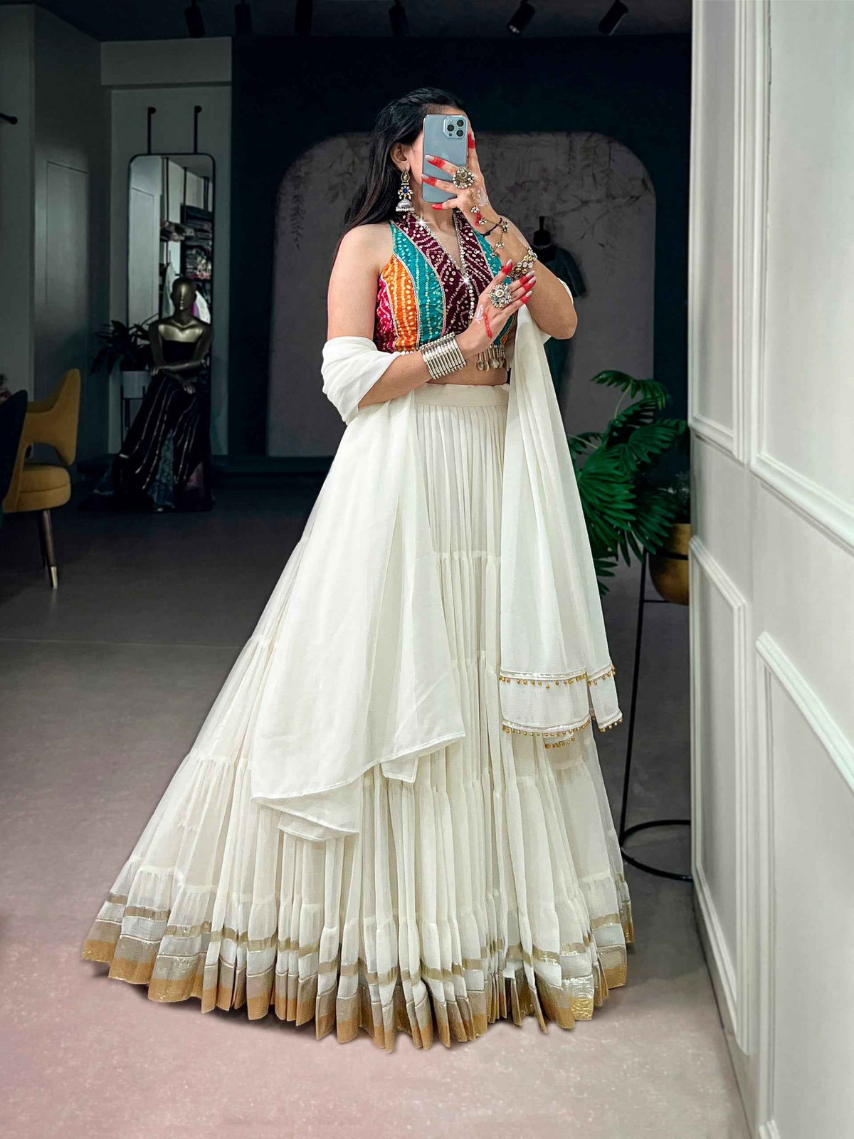 White Pure Silk 12 Mtr Flair Heavy Thread Embroidery Sequins Work Navratri Lehenga Choli