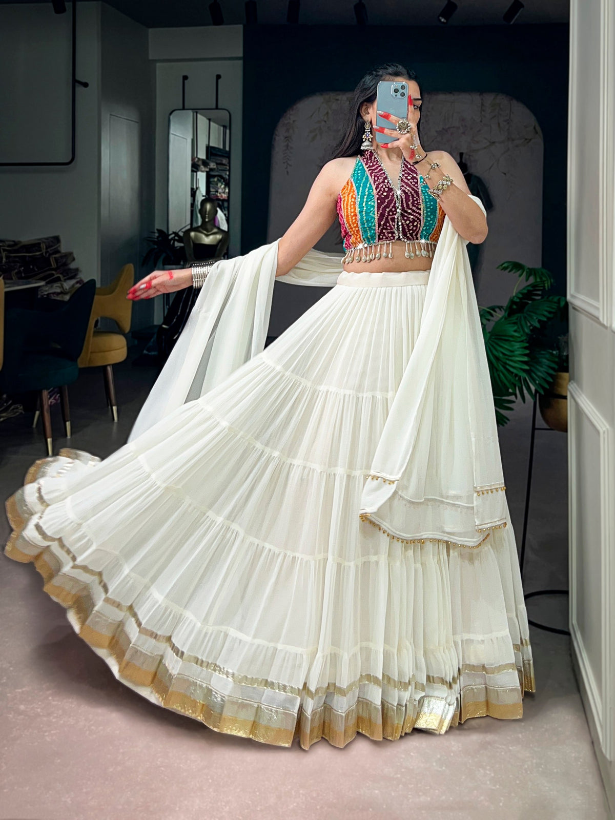 White Pure Silk 12 Mtr Flair Heavy Thread Embroidery Sequins Work Navratri Lehenga Choli