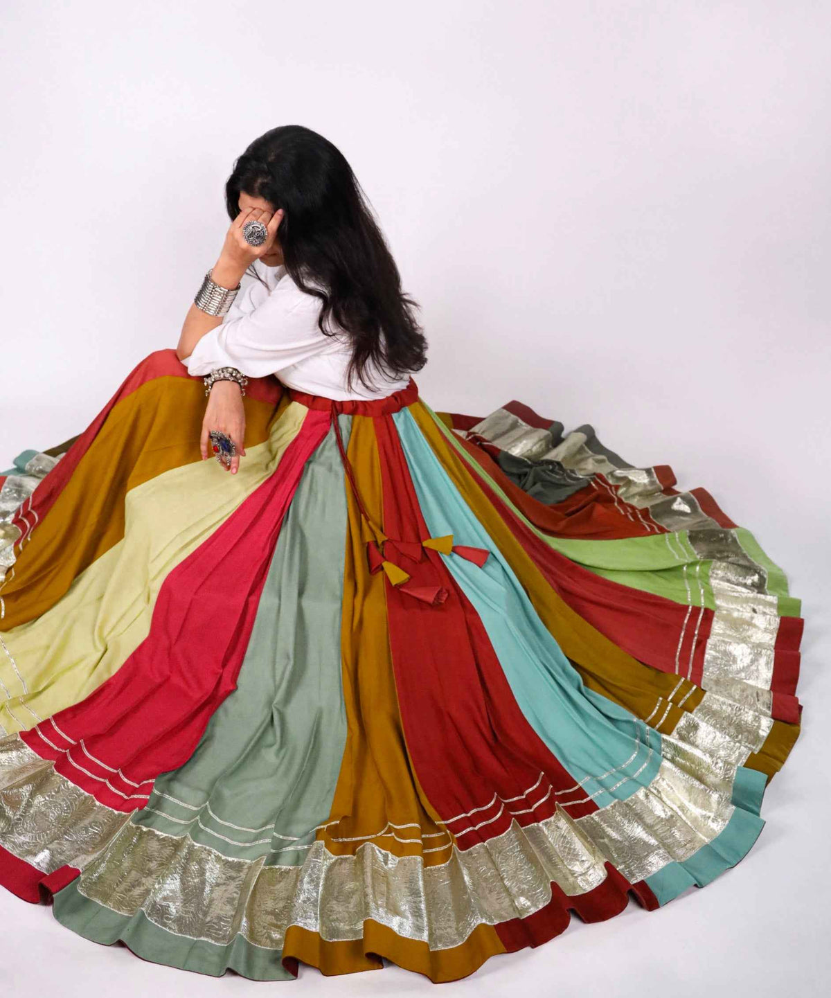 Multi Pure Rayon Cotton & Georgette 7 Mtr Flair Heavy Thread Work Navratri Lehenga Skirt