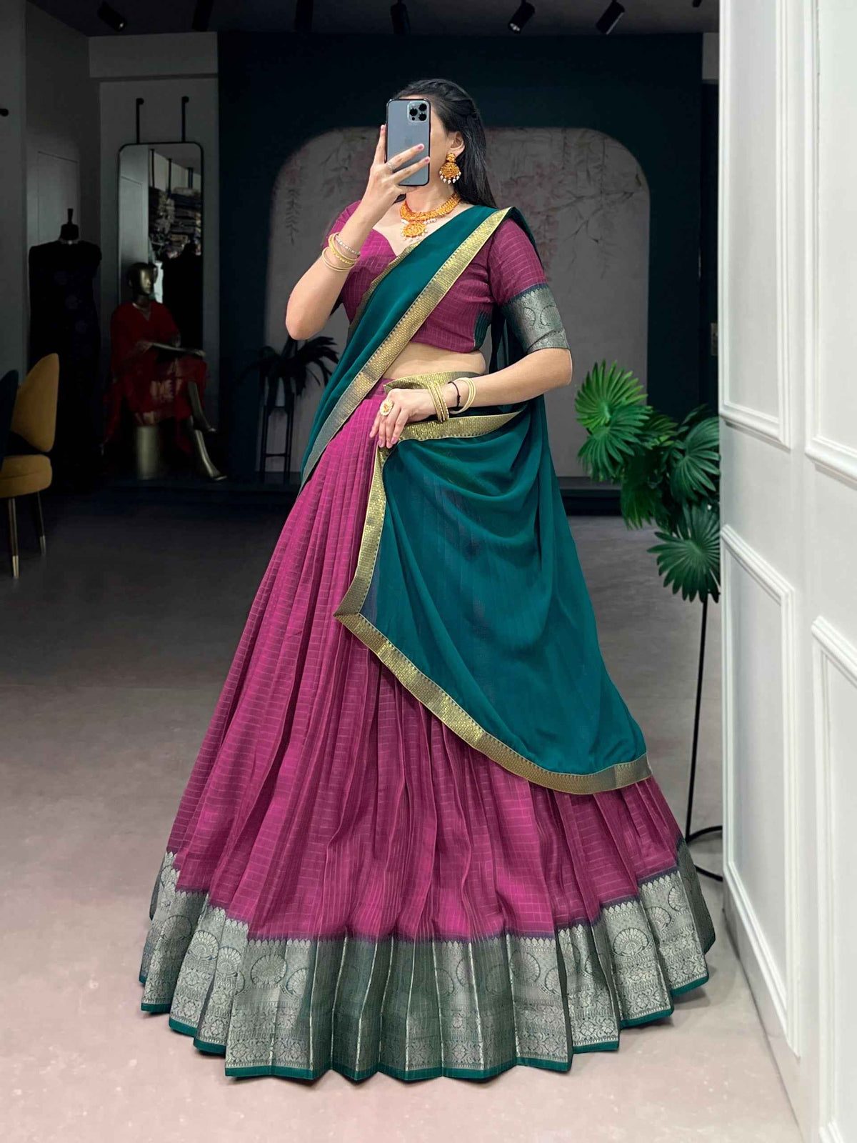 Pink Pure Dola Chex with Zari Weaving Work South Indian Lehenga Choli
