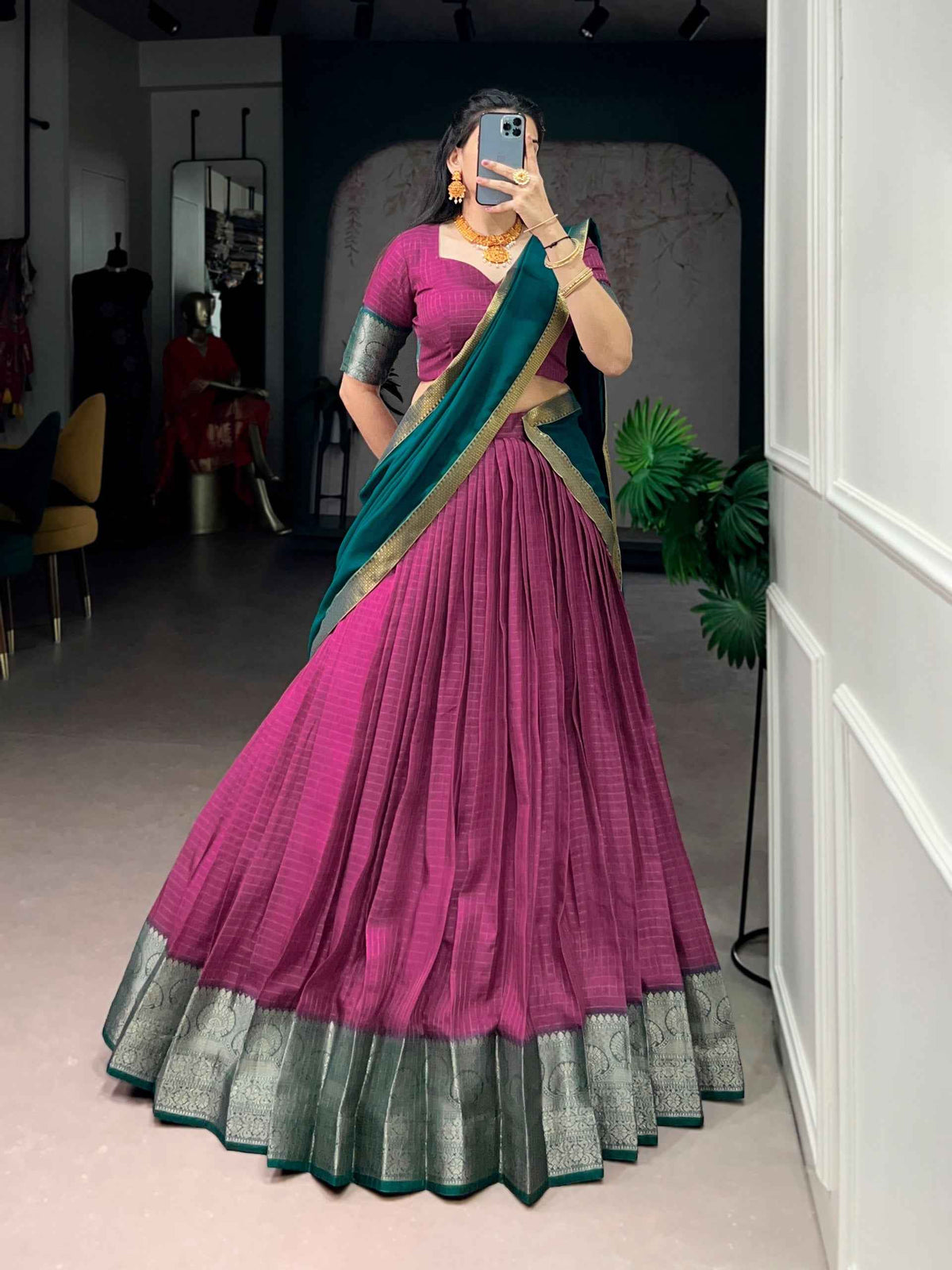 Pink Pure Dola Chex with Zari Weaving Work South Indian Lehenga Choli