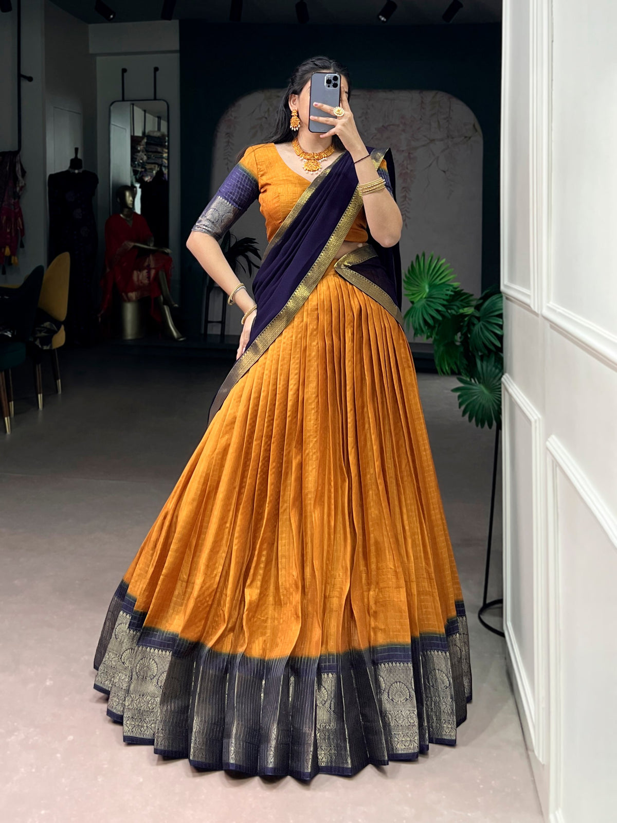 Mustard Pure Dola Chex with Zari Weaving Work South Indian Lehenga Choli
