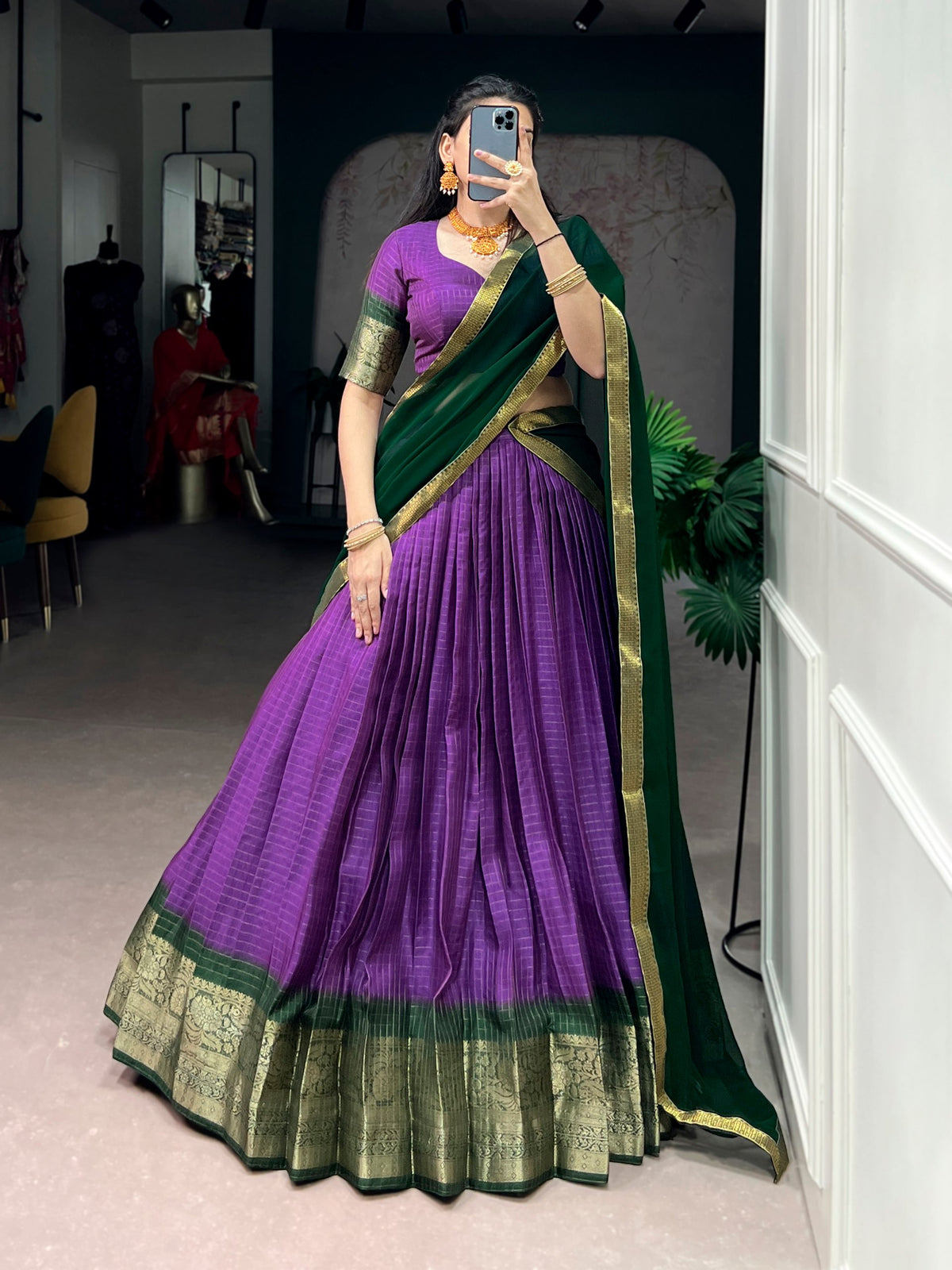 Purple Pure Dola Chex with Zari Weaving Work South Indian Lehenga Choli