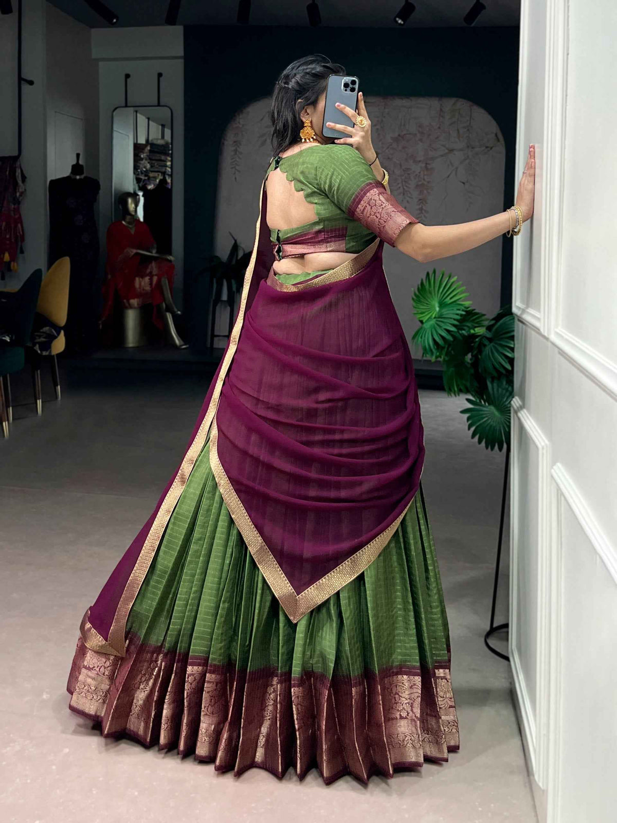 Mehandi Pure Dola Chex with Zari Weaving Work South Indian Lehenga Choli