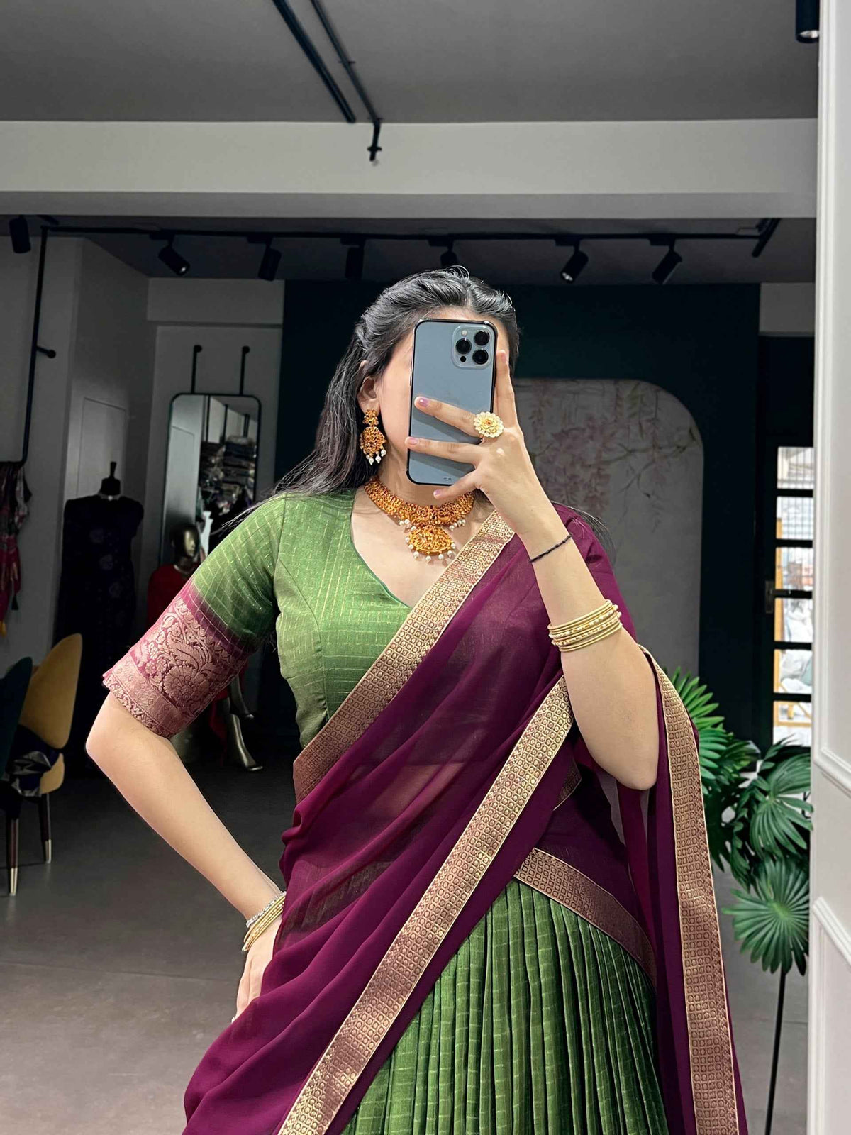 Mehandi Pure Dola Chex with Zari Weaving Work South Indian Lehenga Choli