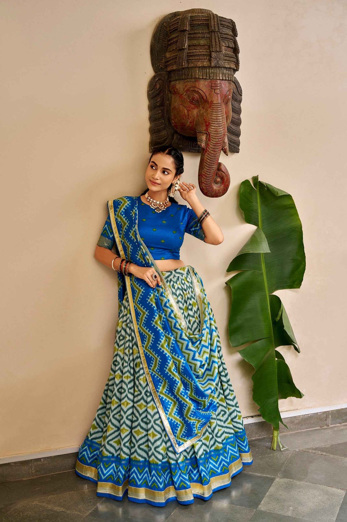 Sky Pure Tusar Silk Foil Printed South Indian Lehenga Choli