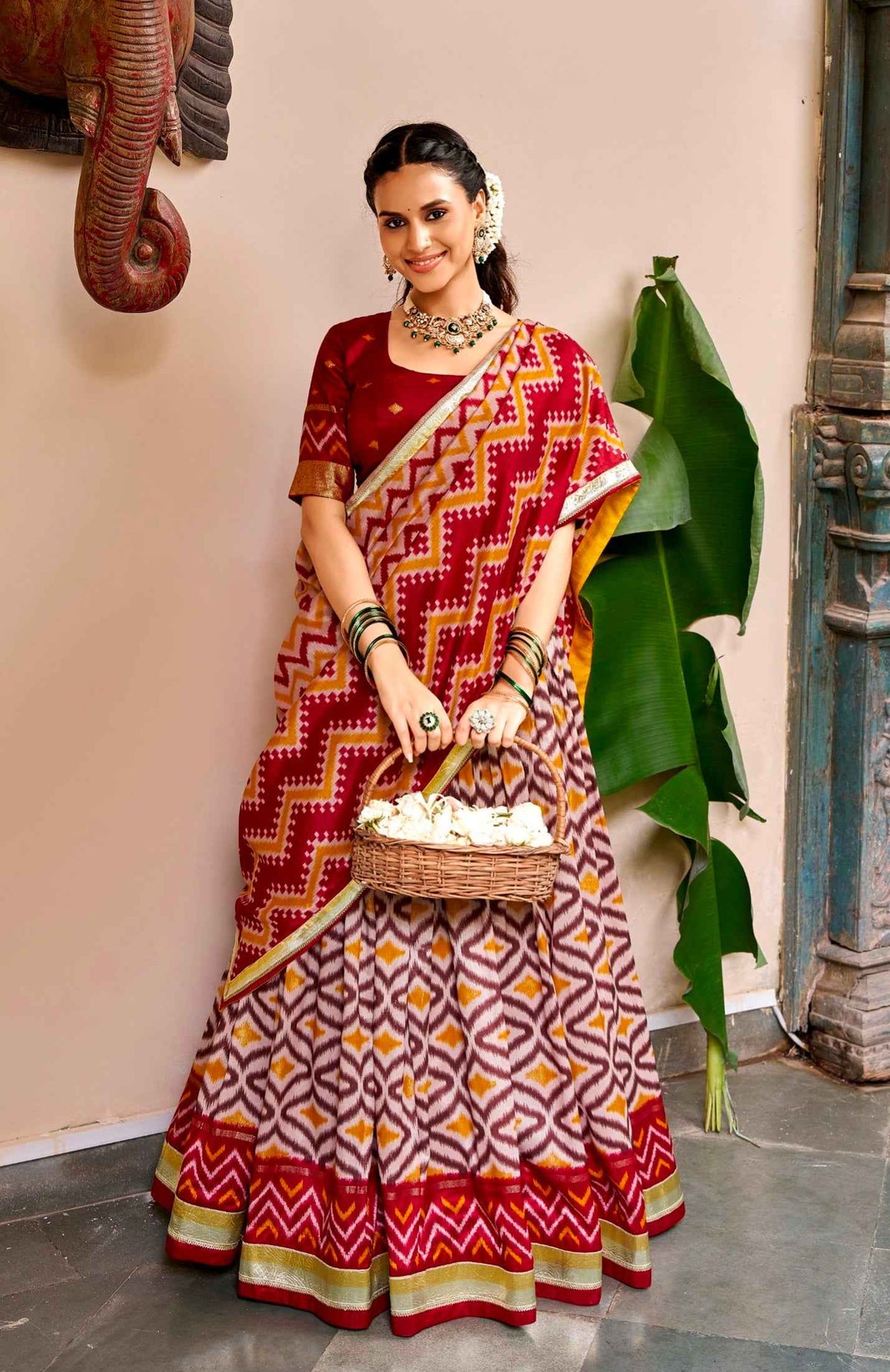 Maroon Pure Tusar Silk Foil Printed South Indian Lehenga Choli