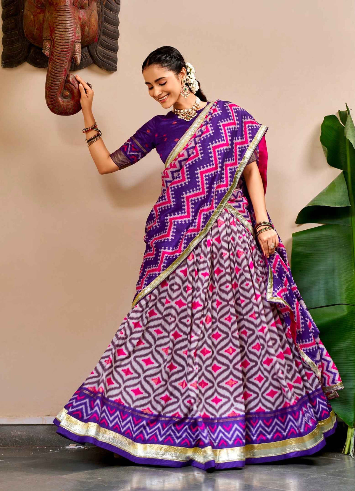 Purple Pure Tusar Silk Foil Printed South Indian Lehenga Choli