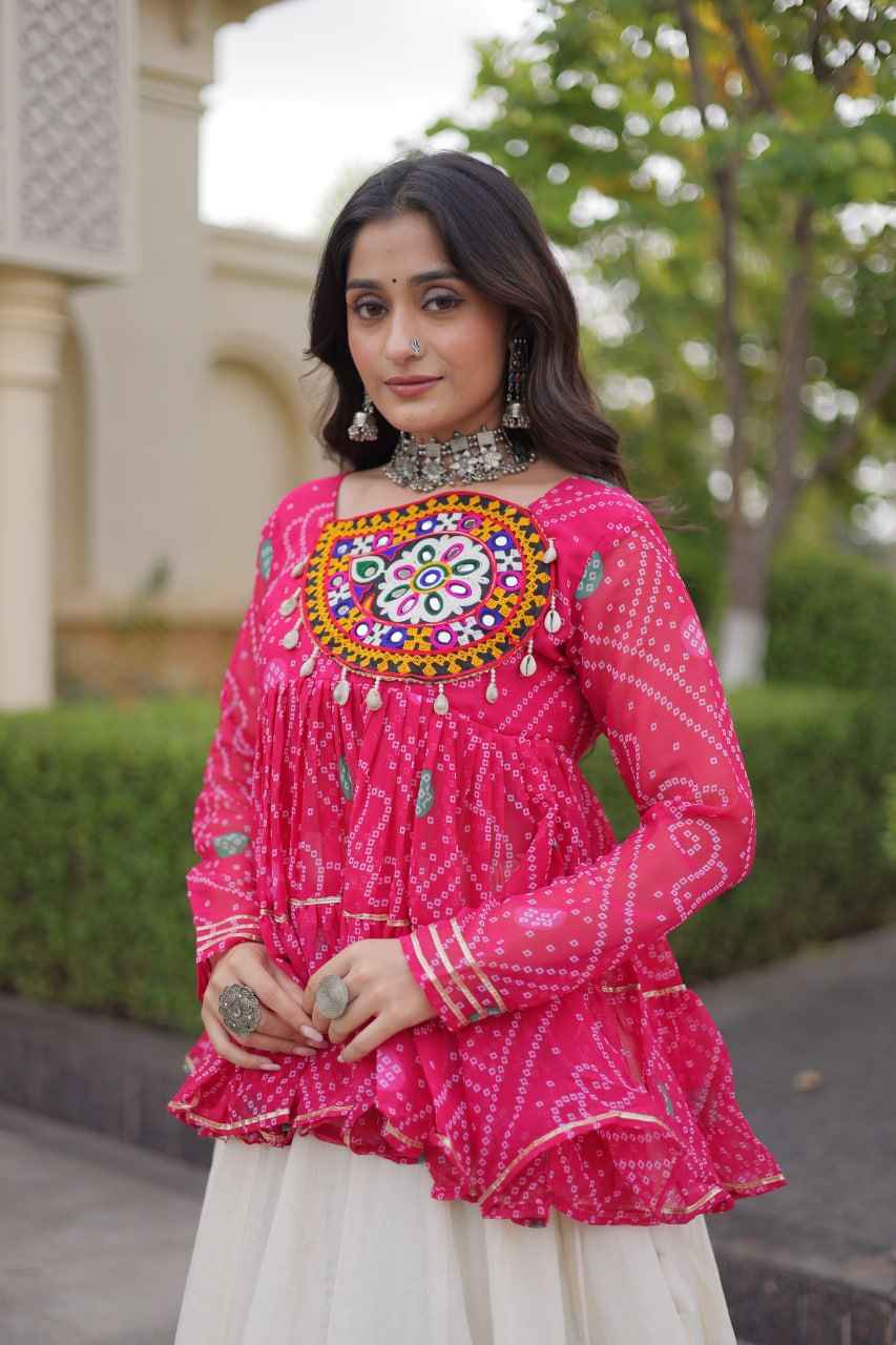 Pink Pure Faux Georgette Bandhani Print With Kutchi Patchework Navratri Lehenga Choli