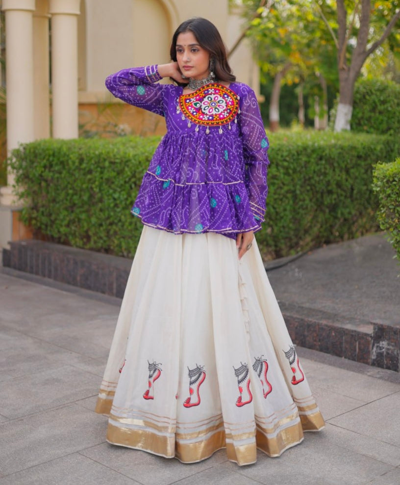 Blue Pure Faux Georgette Bandhani Print With Kutchi Patchework Navratri Lehenga Choli