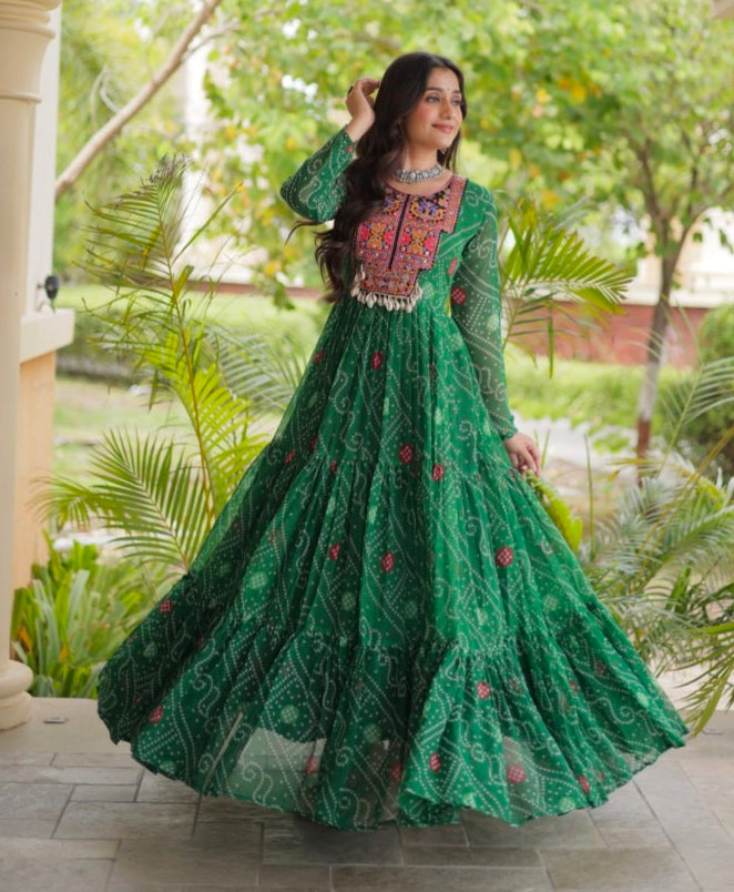 Green Pure Reyon Kutchi Gamthi Thread Embroidered & Mirror Work Anarkali Long Gown