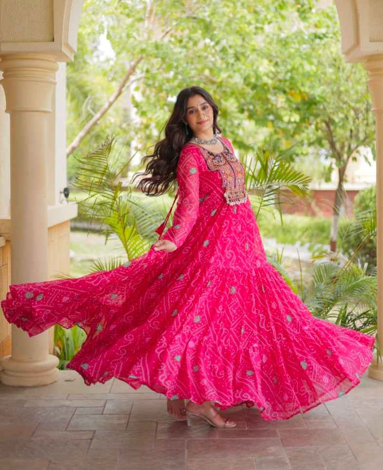 Pink Pure Reyon Kutchi Gamthi Thread Embroidered & Mirror Work Anarkali Long Gown