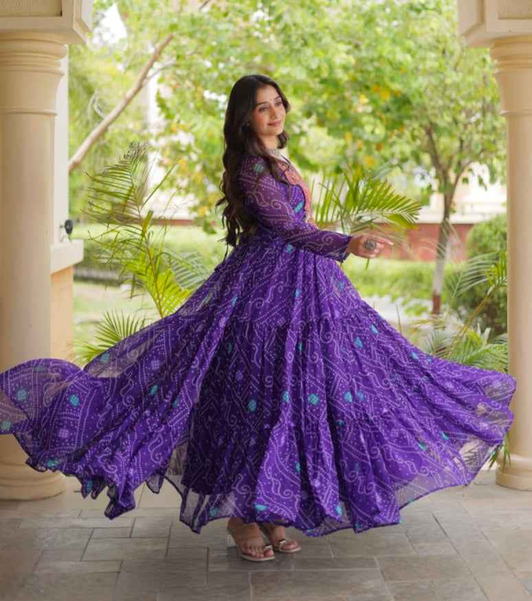 Purple Pure Reyon Kutchi Gamthi Thread Embroidered & Mirror Work Anarkali Long Gown