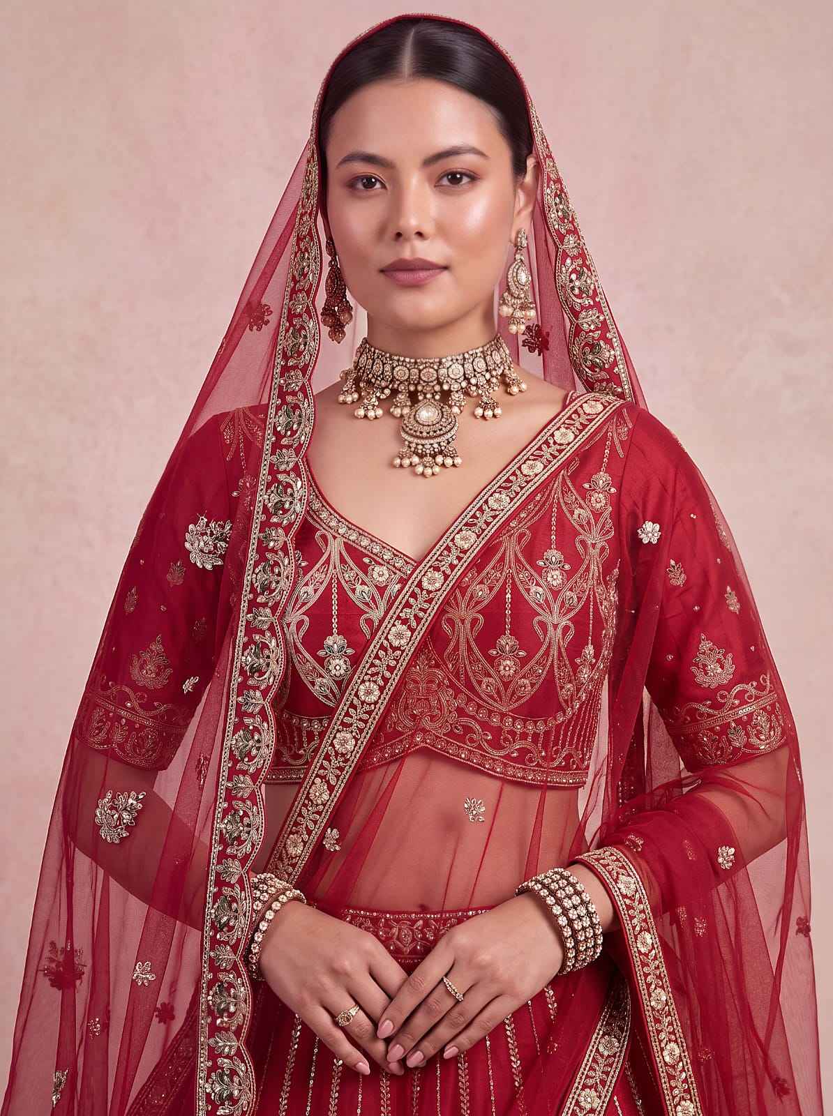 Red Pure Premium Silk Heavy Beads & Motif Dori Embroidery Zari Sequins Hand Work Bridal Lehenga Choli