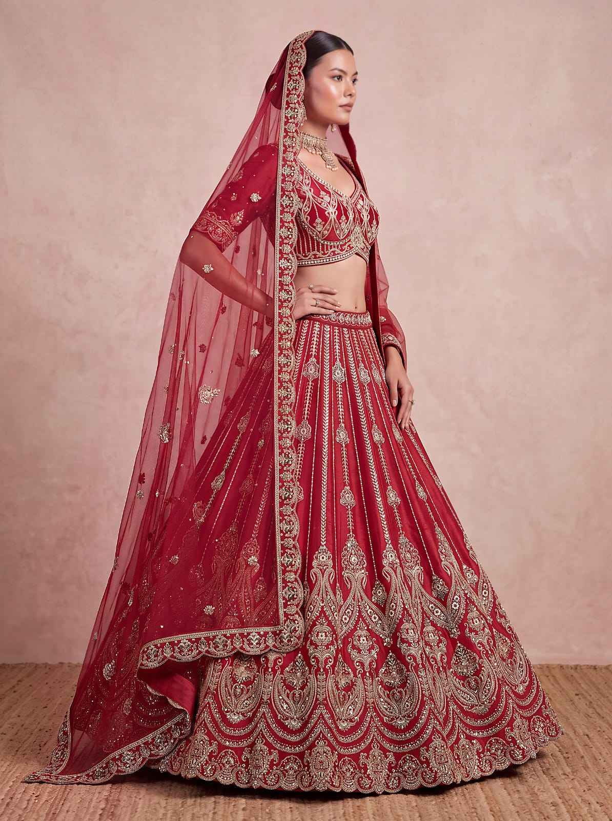 Red Pure Premium Silk Heavy Beads & Motif Dori Embroidery Zari Sequins Hand Work Bridal Lehenga Choli