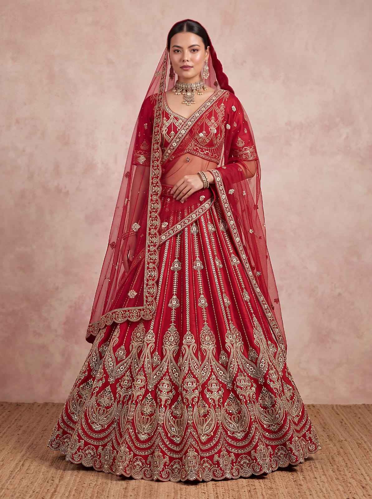 Red Pure Premium Silk Heavy Beads & Motif Dori Embroidery Zari Sequins Hand Work Bridal Lehenga Choli