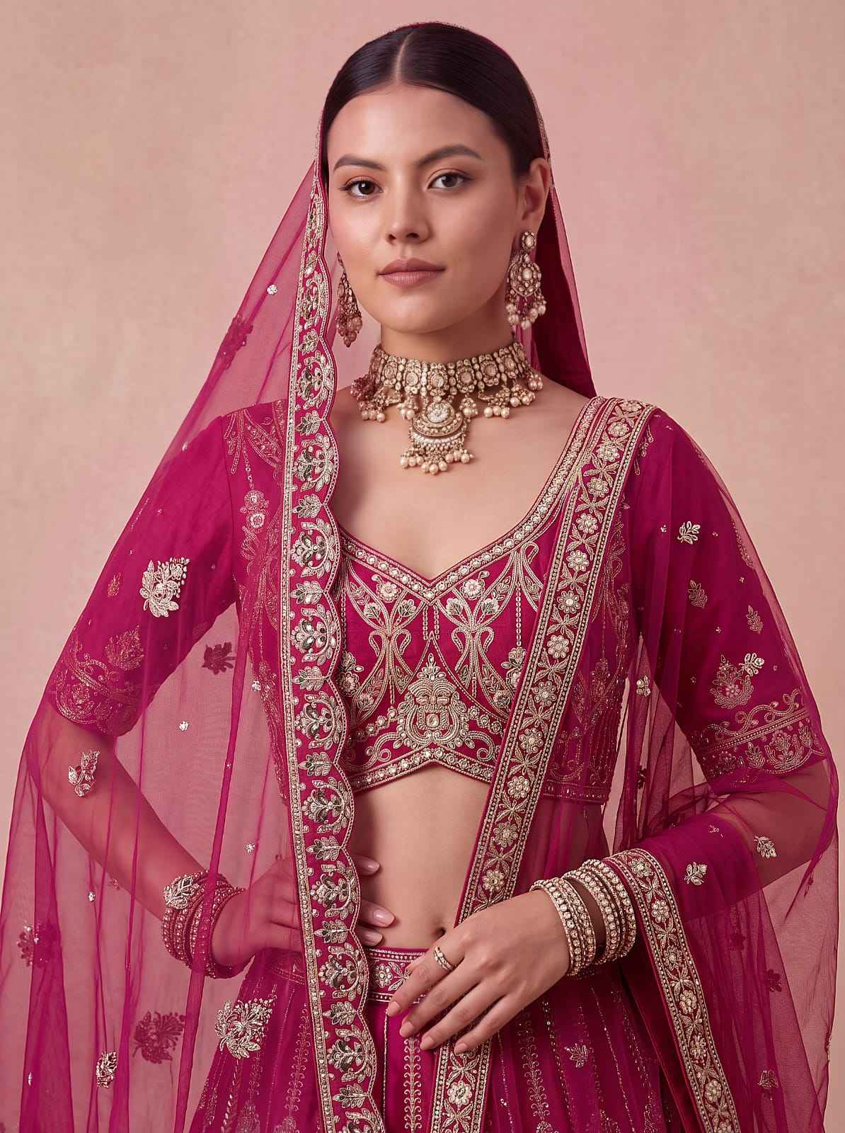 Pink Pure Premium Silk Heavy Beads & Motif Dori Embroidery Zari Sequins Hand Work Bridal Lehenga Choli
