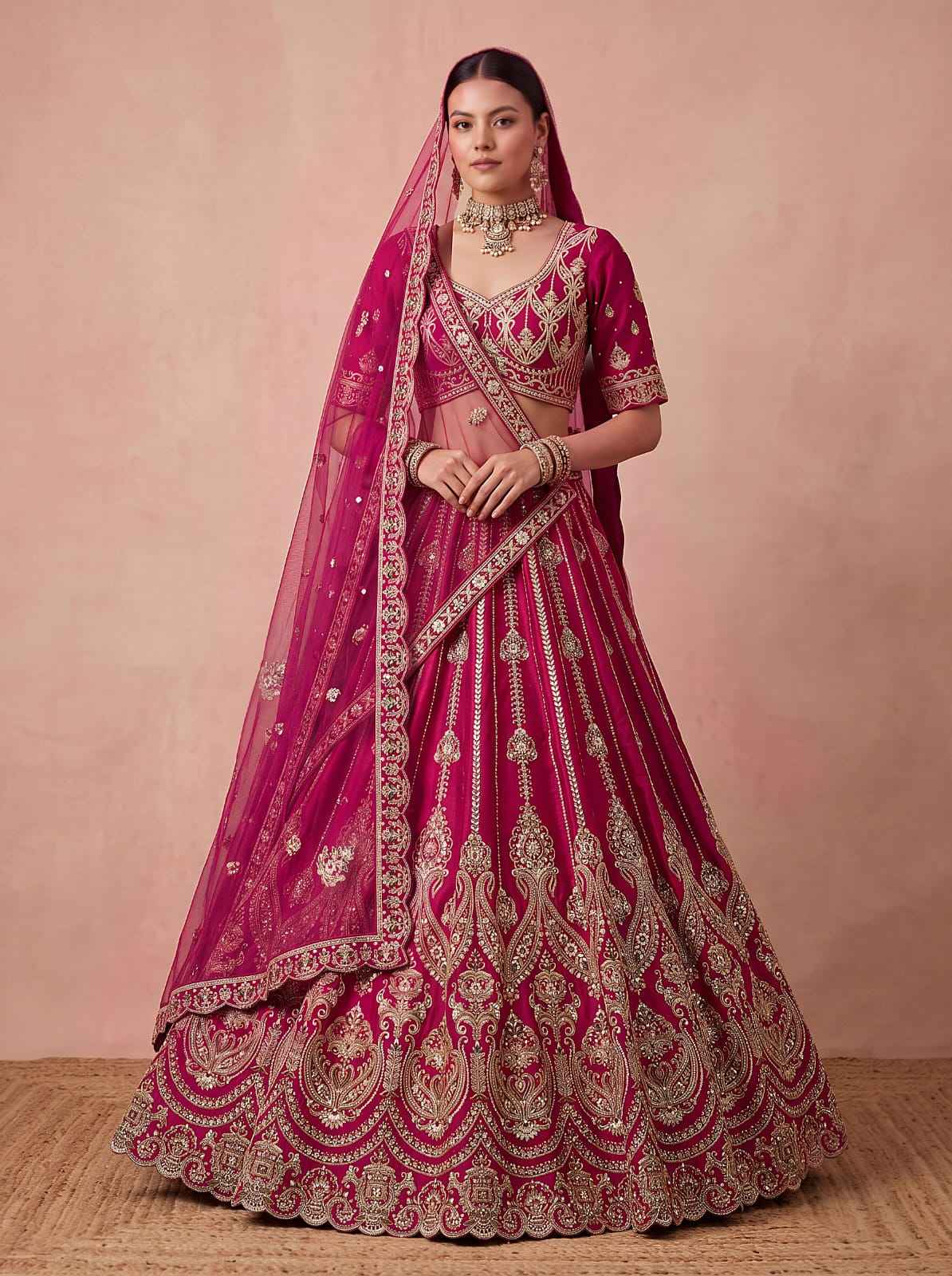 Pink Pure Premium Silk Heavy Beads & Motif Dori Embroidery Zari Sequins Hand Work Bridal Lehenga Choli