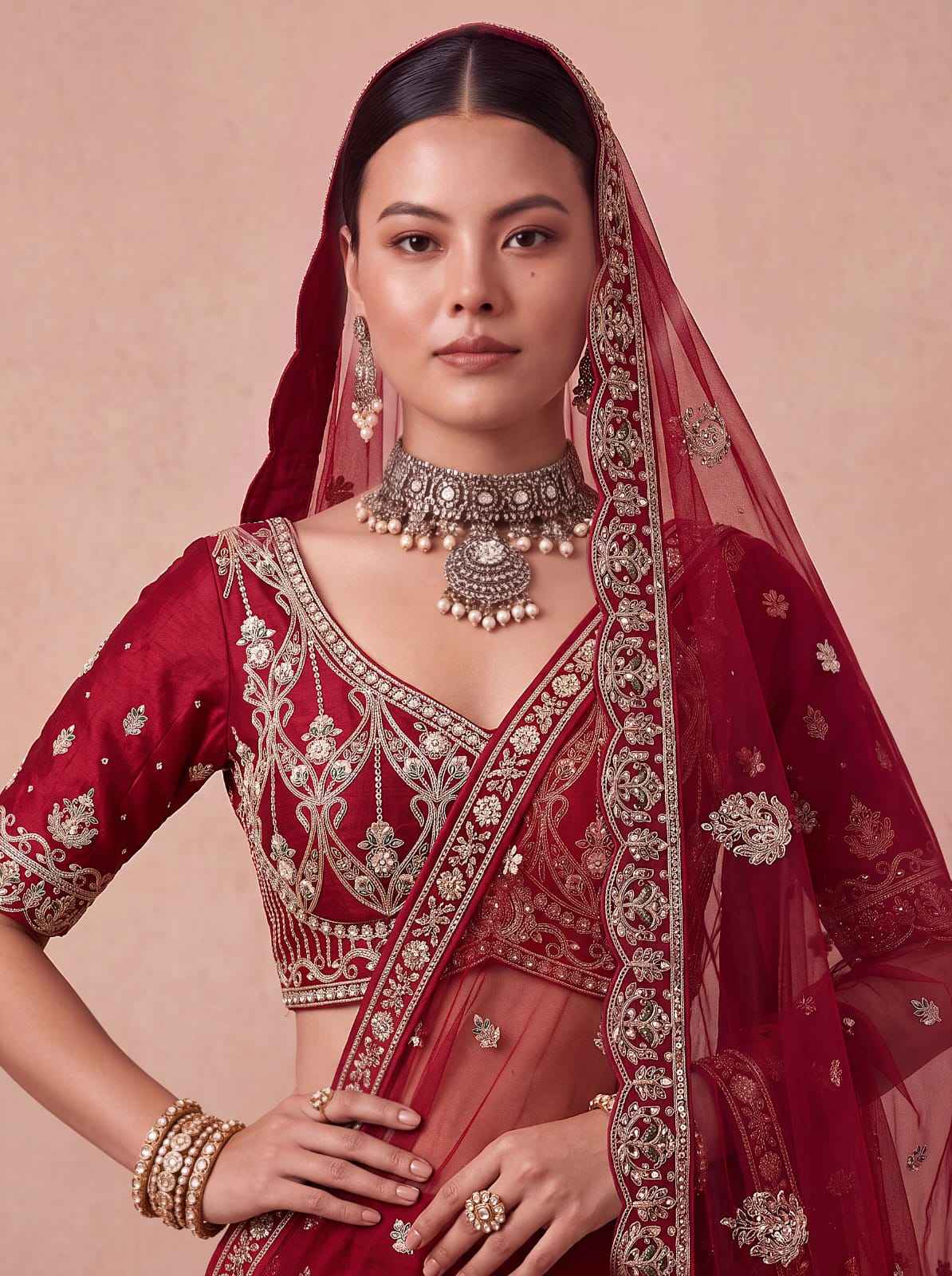 Maroon Pure Premium Silk Heavy Beads & Motif Dori Embroidery Zari Sequins Hand Work Bridal Lehenga Choli