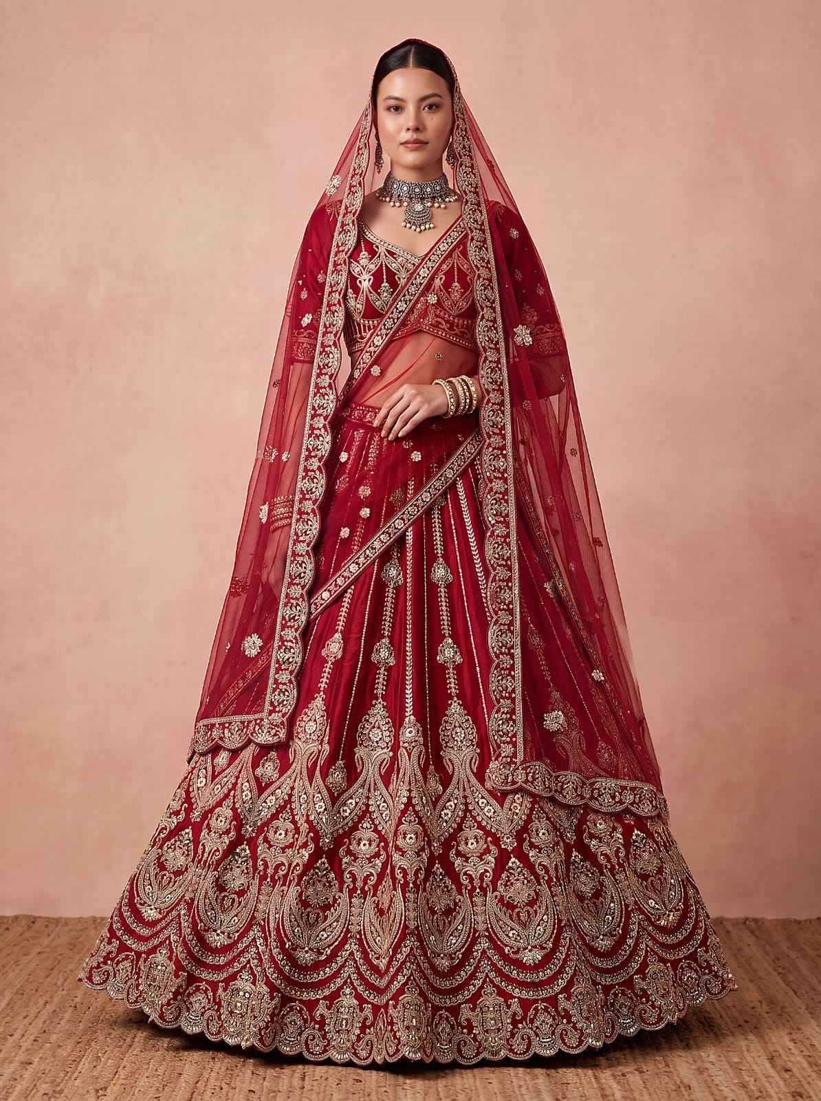 Maroon Pure Premium Silk Heavy Beads & Motif Dori Embroidery Zari Sequins Hand Work Bridal Lehenga Choli
