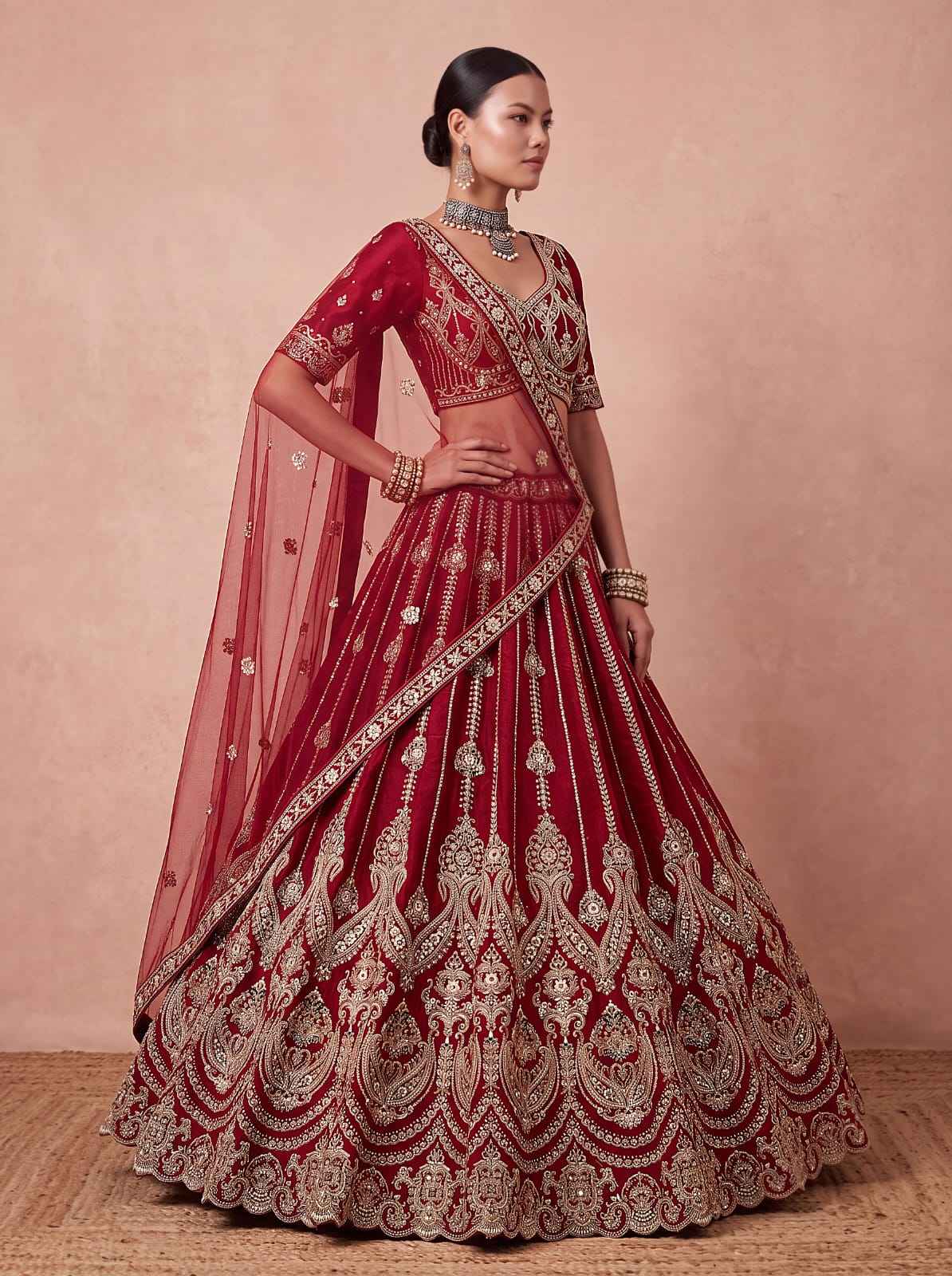 Maroon Pure Premium Silk Heavy Beads & Motif Dori Embroidery Zari Sequins Hand Work Bridal Lehenga Choli