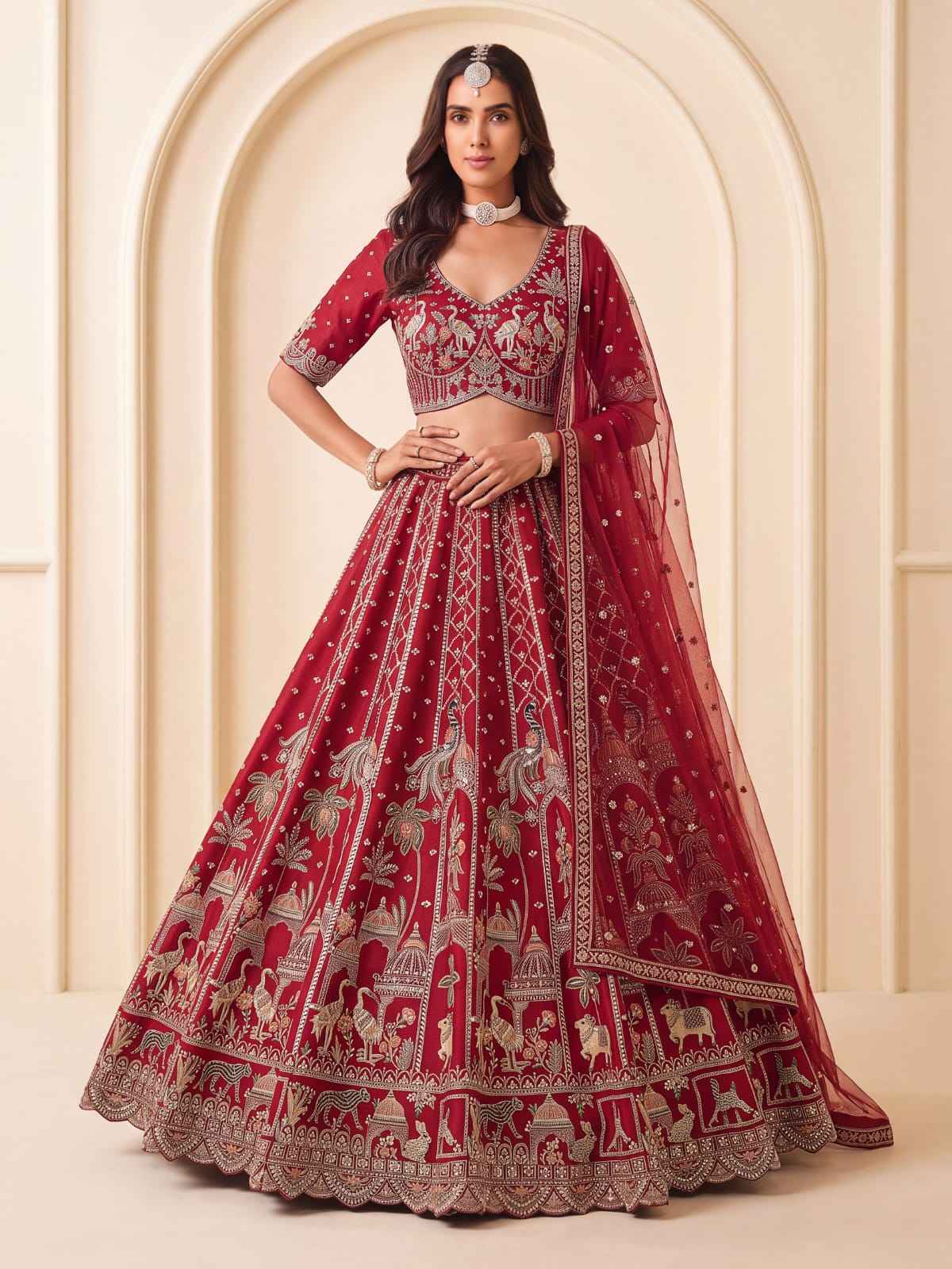 Red Pure Premium Silk Heavy Beads & Motif Dori Embroidery Zari Sequins Hand Work Bridal Lehenga Choli