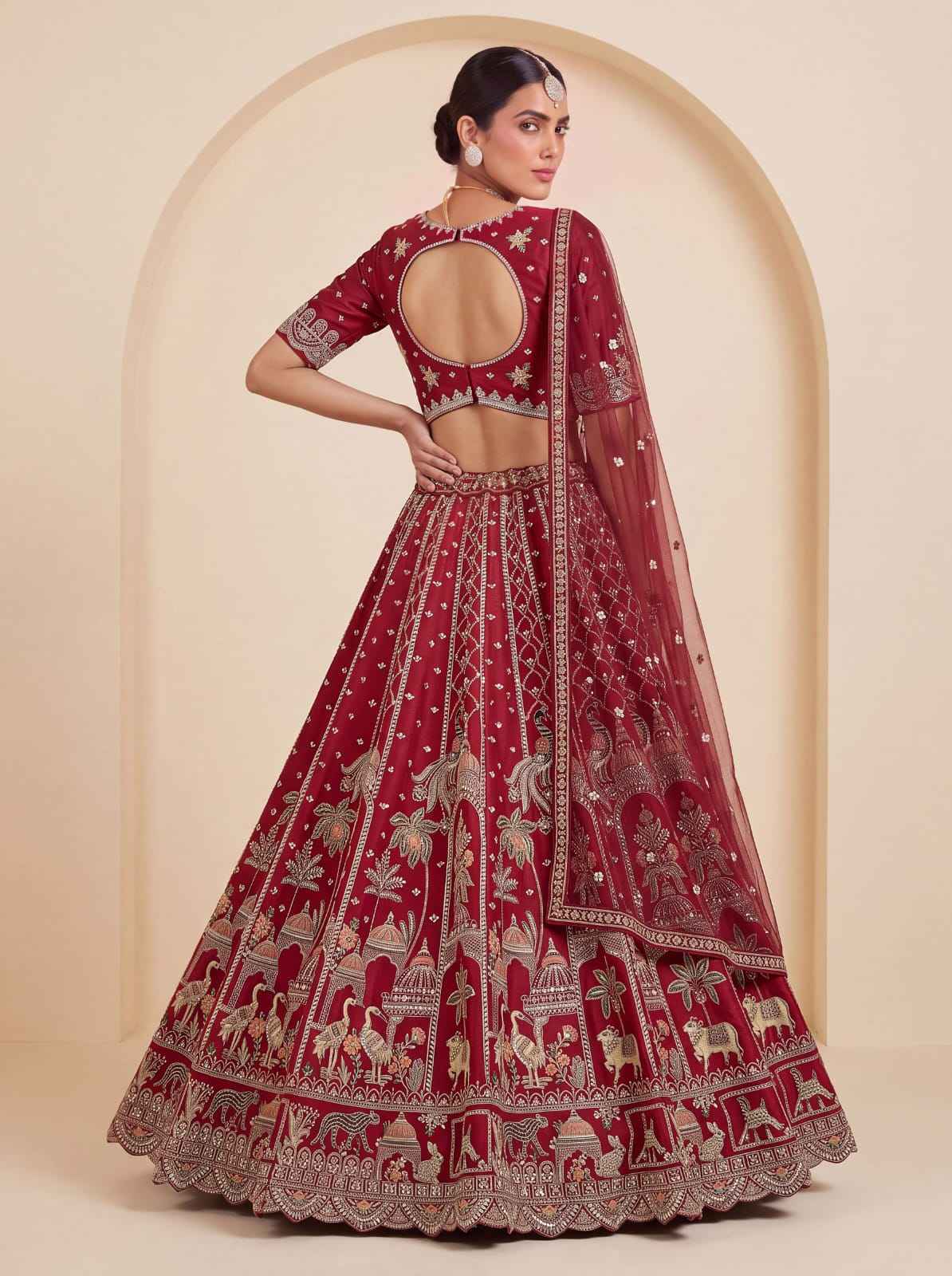 Red Pure Premium Silk Heavy Beads & Motif Dori Embroidery Zari Sequins Hand Work Bridal Lehenga Choli