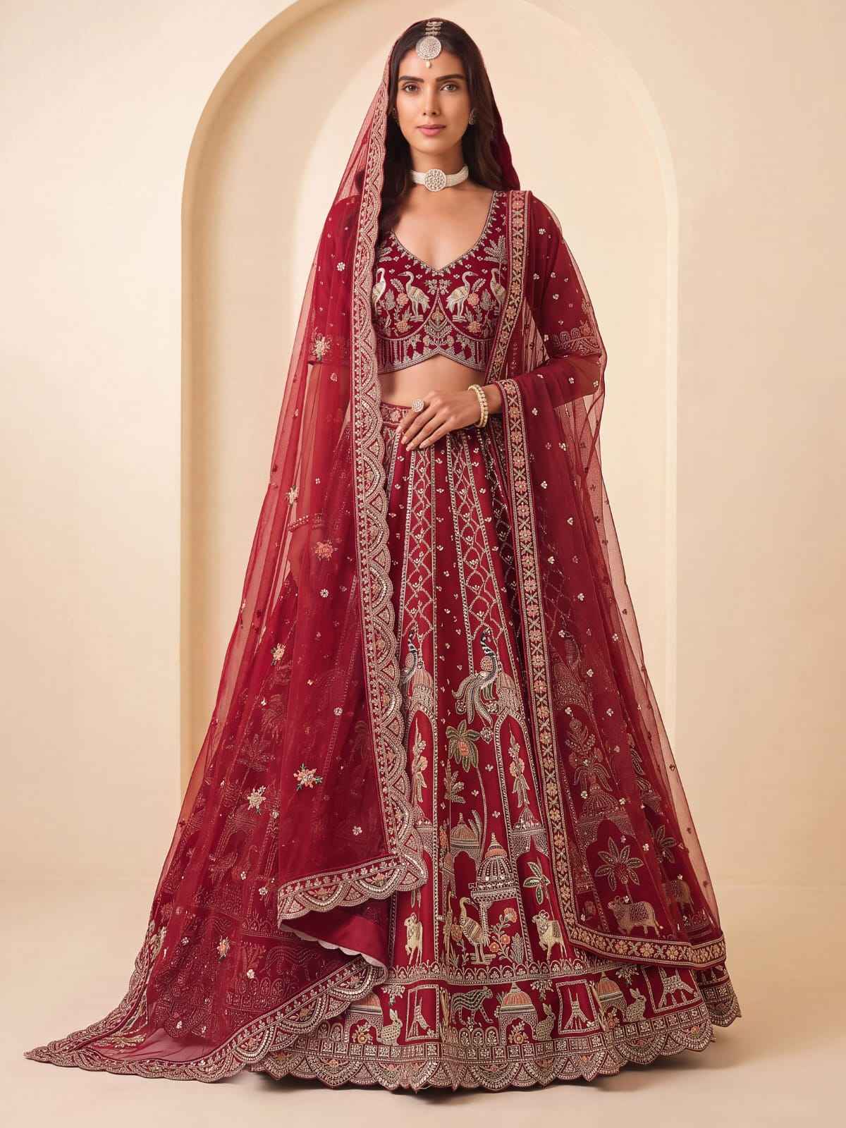 Red Pure Premium Silk Heavy Beads & Motif Dori Embroidery Zari Sequins Hand Work Bridal Lehenga Choli