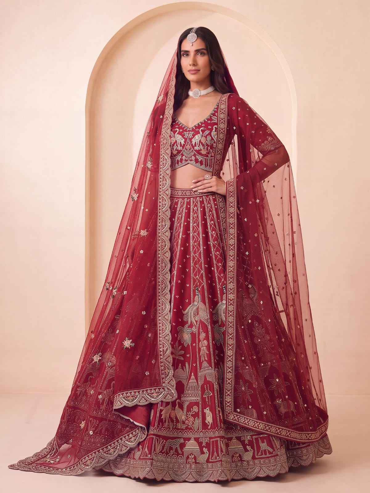 Red Pure Premium Silk Heavy Beads & Motif Dori Embroidery Zari Sequins Hand Work Bridal Lehenga Choli