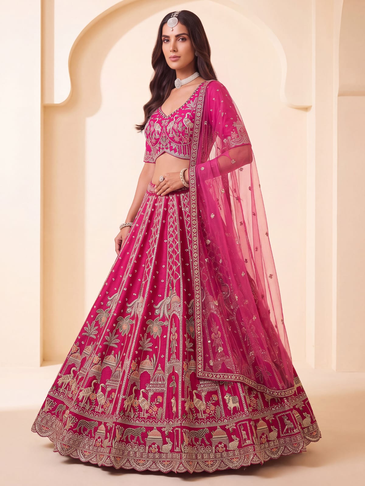 Pink Pure Premium Silk Heavy Beads & Motif Dori Embroidery Zari Sequins Hand Work Bridal Lehenga Choli
