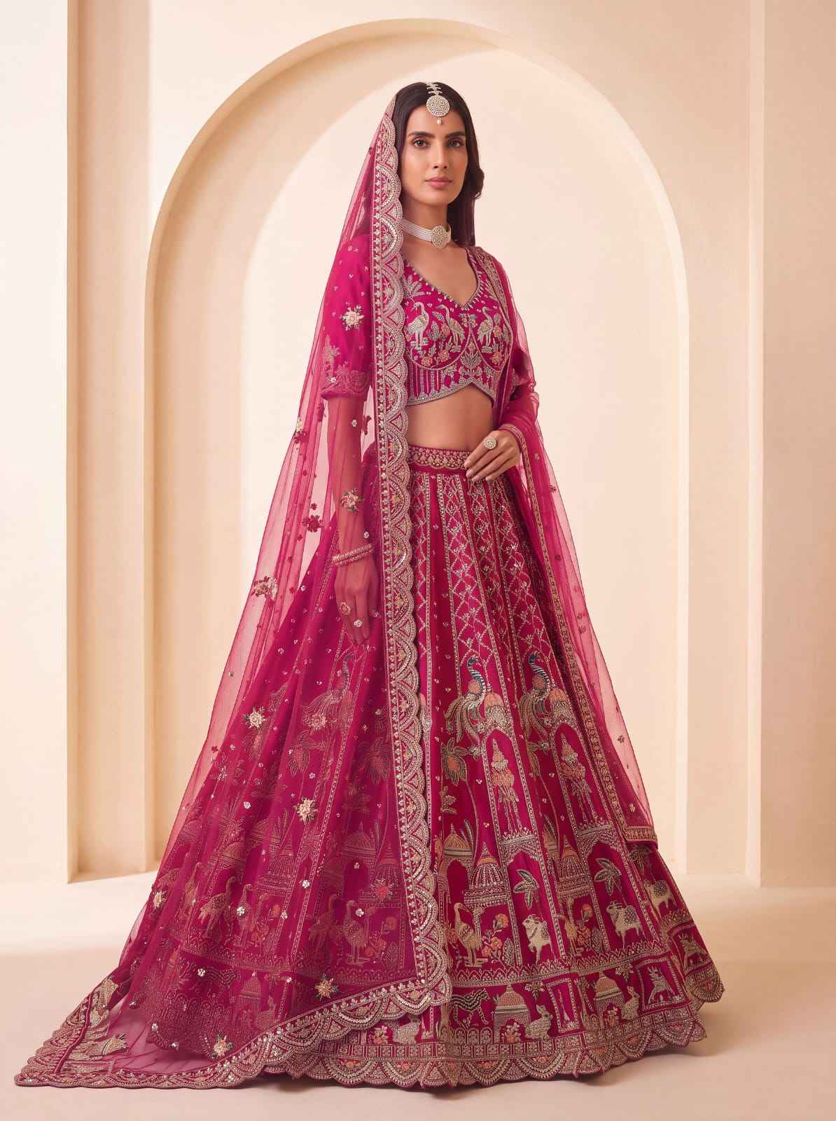 Pink Pure Premium Silk Heavy Beads & Motif Dori Embroidery Zari Sequins Hand Work Bridal Lehenga Choli