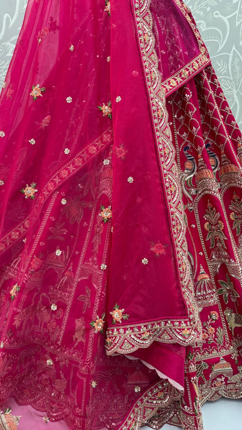 Pink Pure Premium Silk Heavy Beads & Motif Dori Embroidery Zari Sequins Hand Work Bridal Lehenga Choli