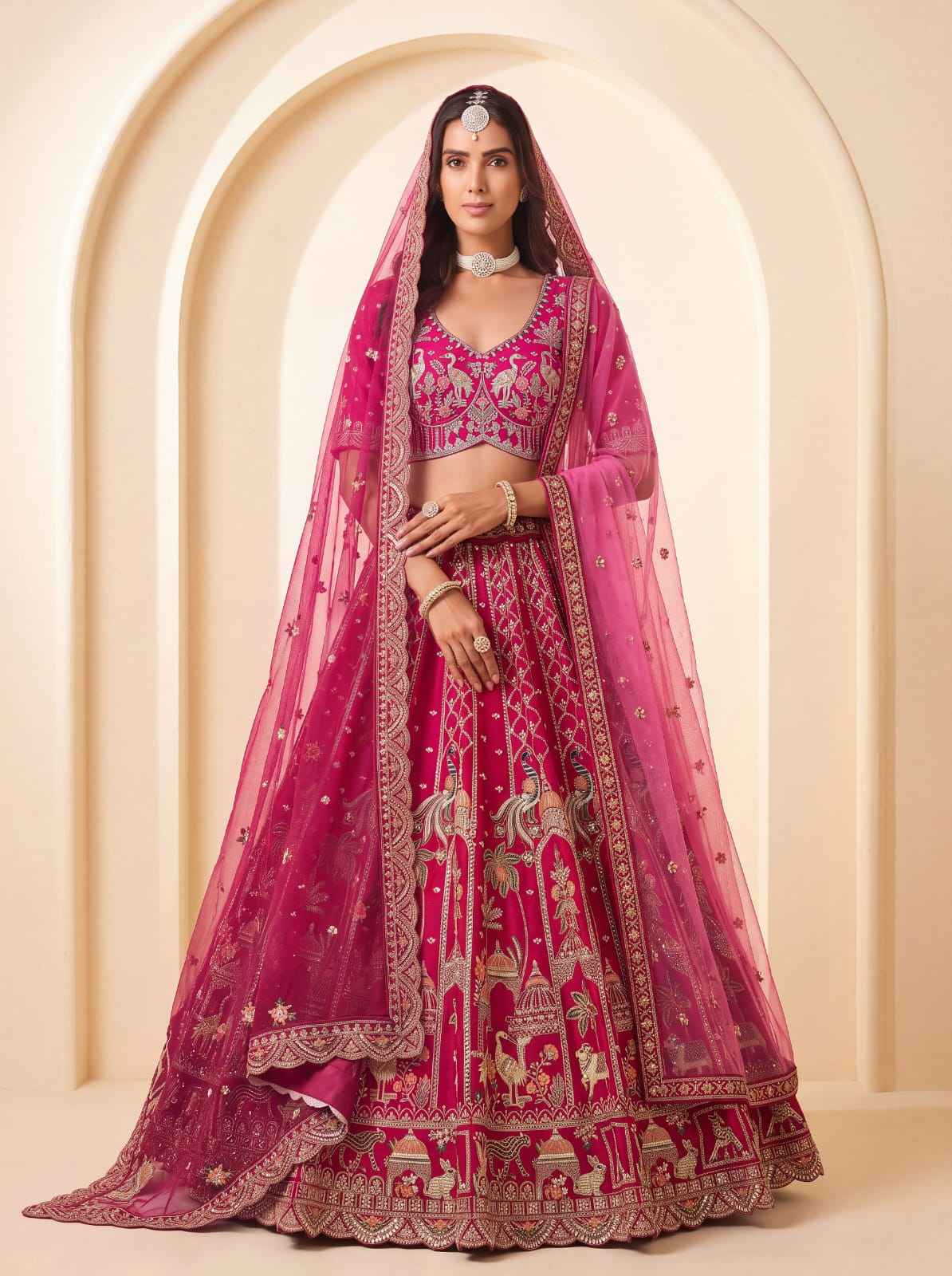 Pink Pure Premium Silk Heavy Beads & Motif Dori Embroidery Zari Sequins Hand Work Bridal Lehenga Choli