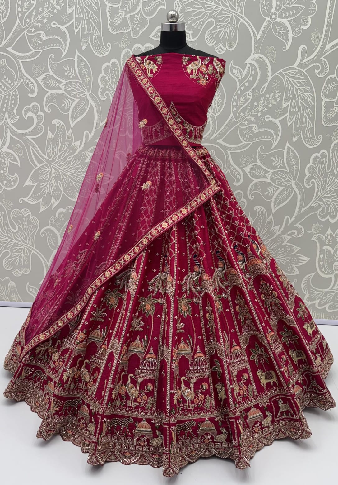 Pink Pure Premium Silk Heavy Beads & Motif Dori Embroidery Zari Sequins Hand Work Bridal Lehenga Choli
