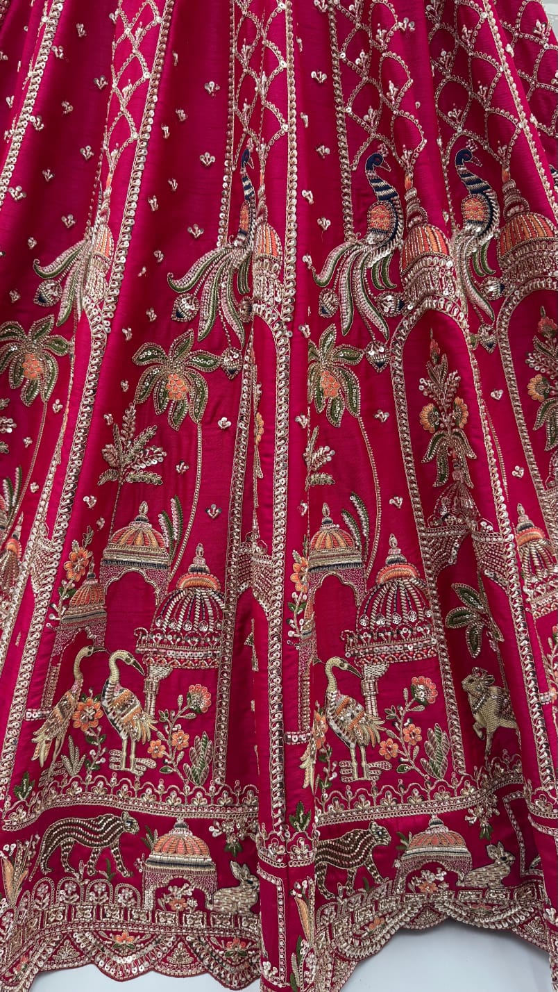 Pink Pure Premium Silk Heavy Beads & Motif Dori Embroidery Zari Sequins Hand Work Bridal Lehenga Choli