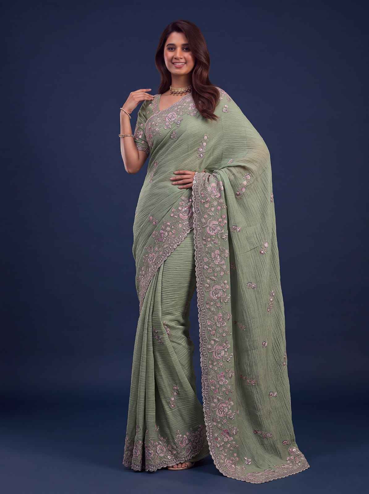 Green Pure Premium Bamburg Handwork Kasti & Multi Color Embroidery Sequins Work Wedding Saree