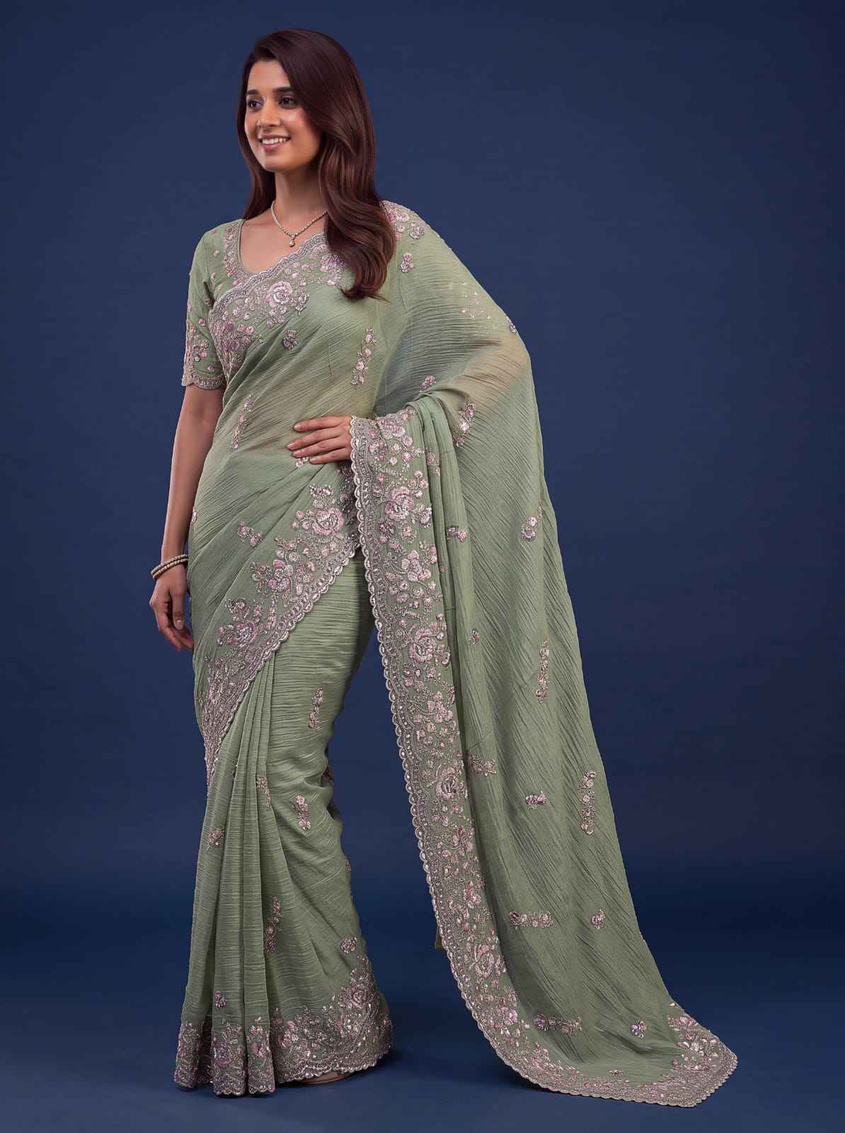 Green Pure Premium Bamburg Handwork Kasti & Multi Color Embroidery Sequins Work Wedding Saree