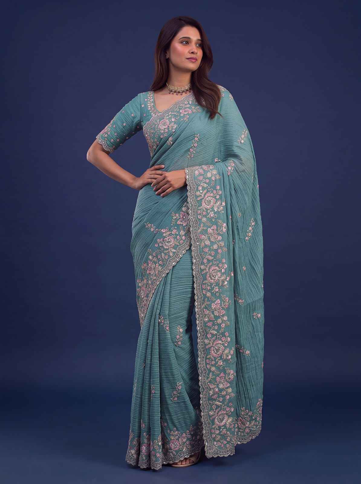Sea Green Pure Premium Bamburg Handwork Kasti & Multi Color Embroidery Sequins Work Wedding Saree