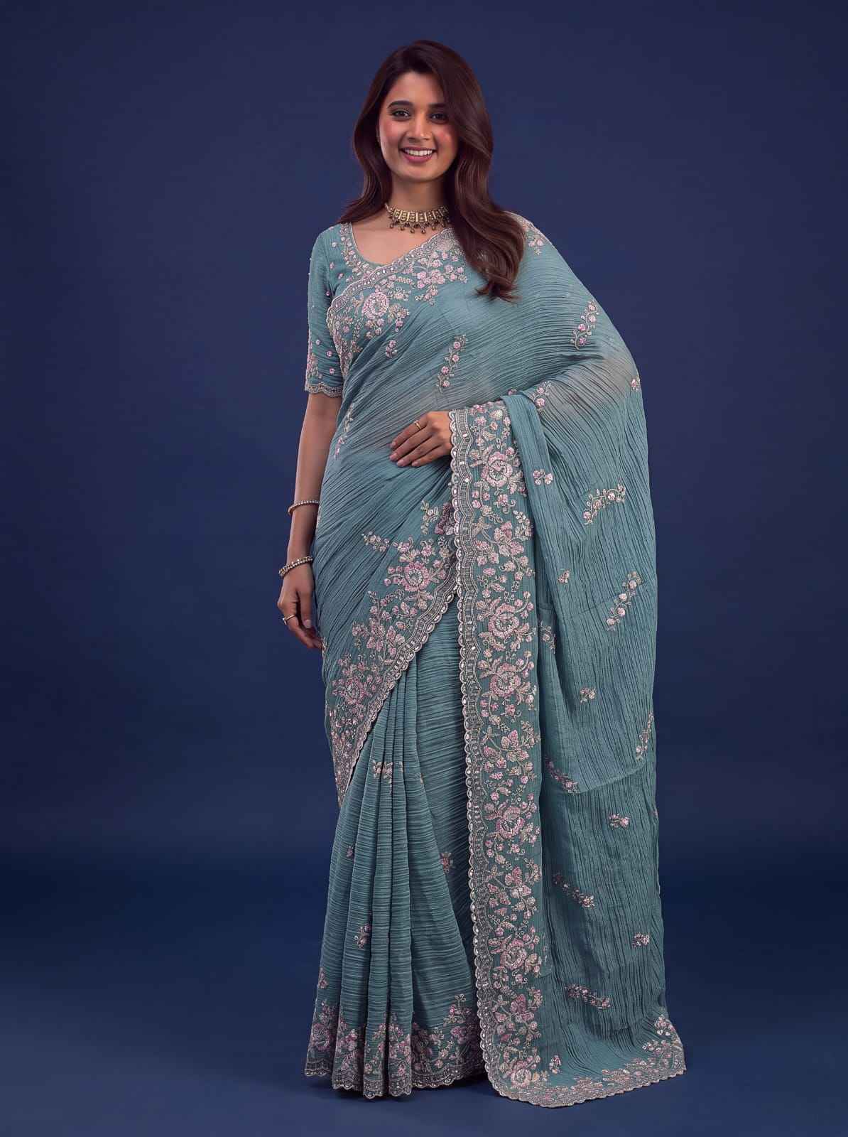 Sea Green Pure Premium Bamburg Handwork Kasti & Multi Color Embroidery Sequins Work Wedding Saree