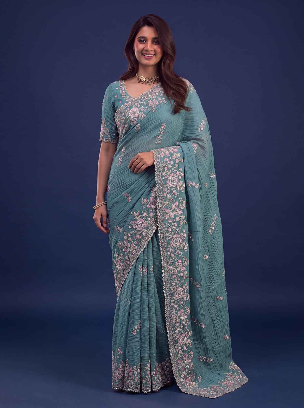 Sea Green Pure Premium Bamburg Handwork Kasti & Multi Color Embroidery Sequins Work Wedding Saree