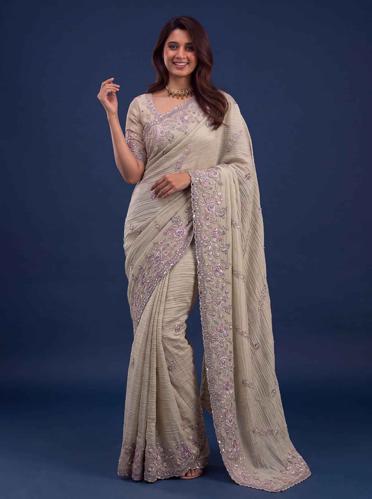 Cream Pure Premium Bamburg Handwork Kasti & Multi Color Embroidery Sequins Work Wedding Saree