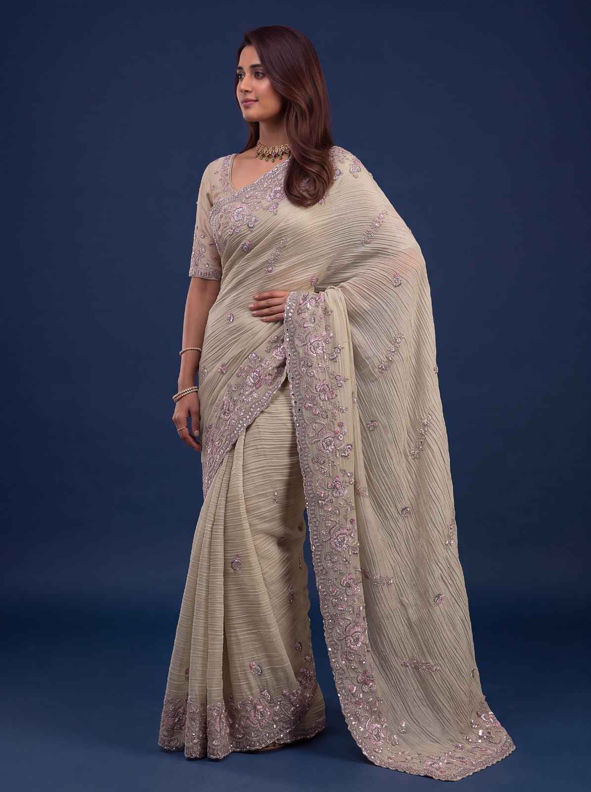 Cream Pure Premium Bamburg Handwork Kasti & Multi Color Embroidery Sequins Work Wedding Saree